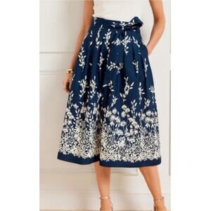 Talbots The Piper Pleated Patio A Line Midi Skirt 4 Blue White Floral Cotton